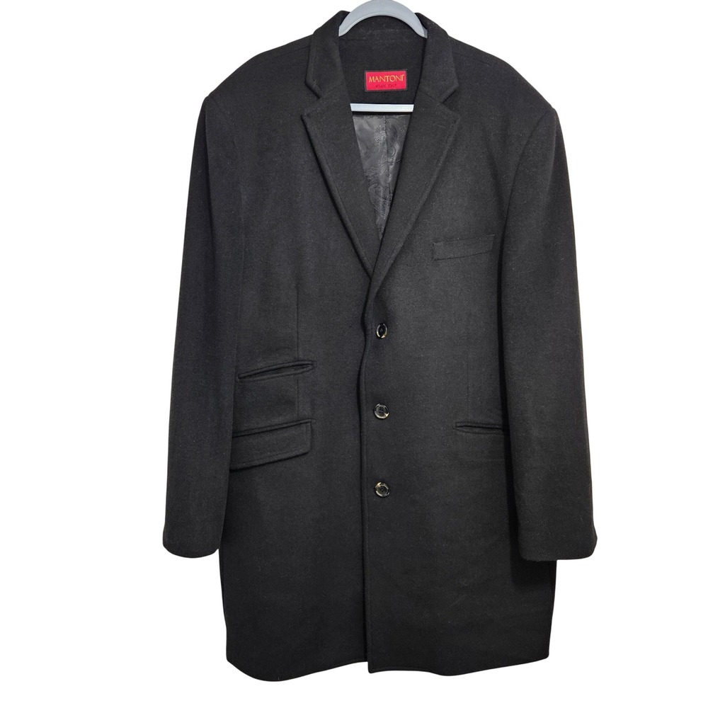 Mantoni Milan Italy Mens Black Wool Cashmere Overcoat Topcoat Size 54 Button Up